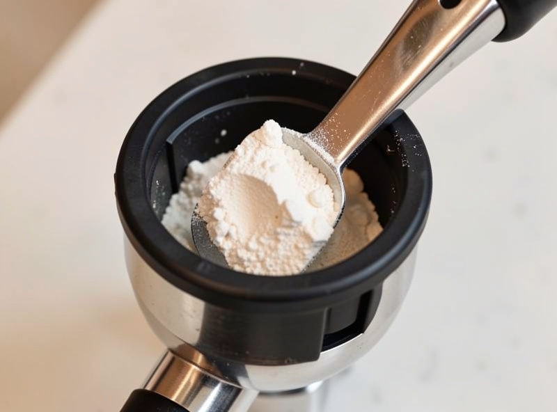 Blind filter basket holding a measured scoop of espresso backflush detergent powder