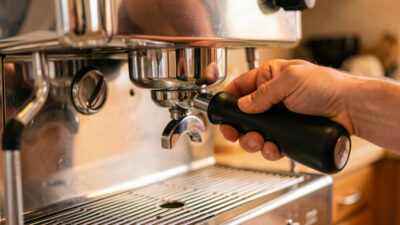Home barista locking a blind portafilter into a chrome espresso group head to backflush