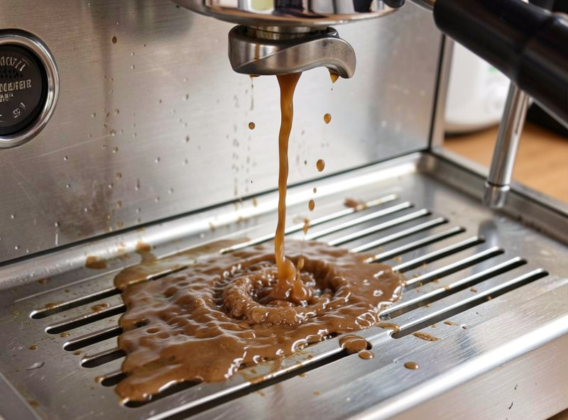 Espresso group head flushing cloudy brown backflush rinse water into a stainless drip tray
