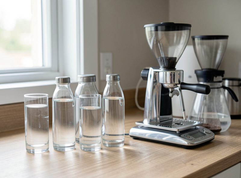 Several water options arranged beside an espresso machine portafilter and a bench scale on a home counter