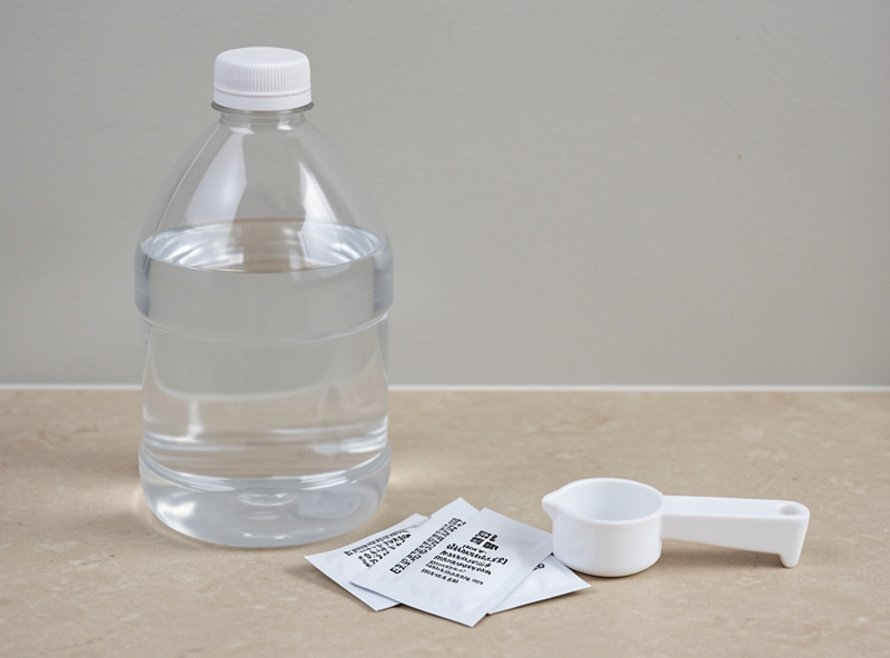 A distilled water jug next to small mineral additive sachets and a measuring scoop