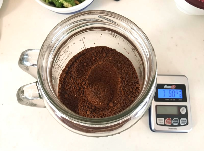 Coarse ground coffee being weighed for a cold brew concentrate batch at a 1 to 5 ratio