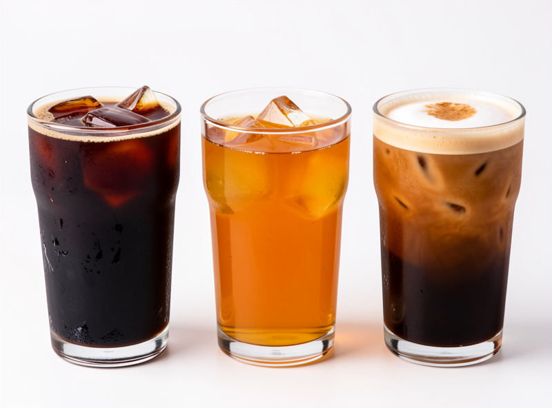 Three glasses showing cold brew, cold drip, and iced espresso side by side for comparison
