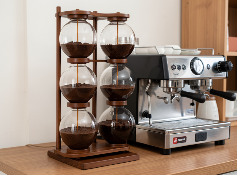 Iced espresso being pulled over ice next to a Kyoto-style cold drip tower