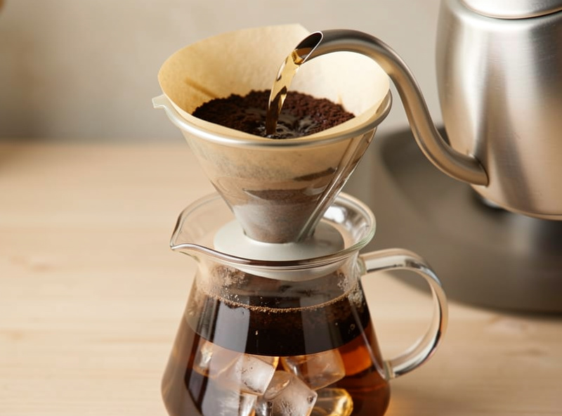 Hot water being poured through a pour-over dripper onto ice in a glass carafe below