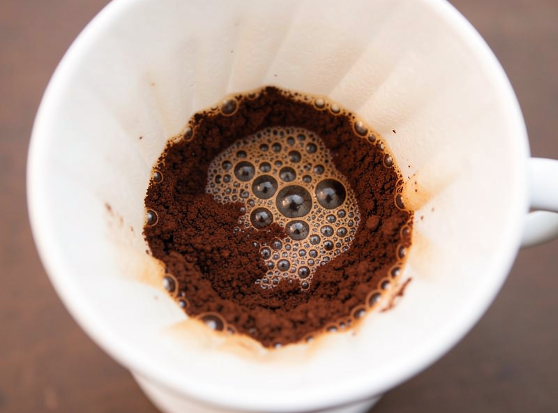 Medium ground coffee blooming in a pour-over filter cone during flash brewing