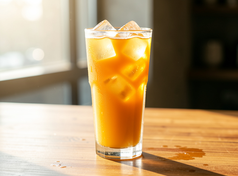 Finished glass of bright Japanese iced coffee flash brew over fresh ice with condensation