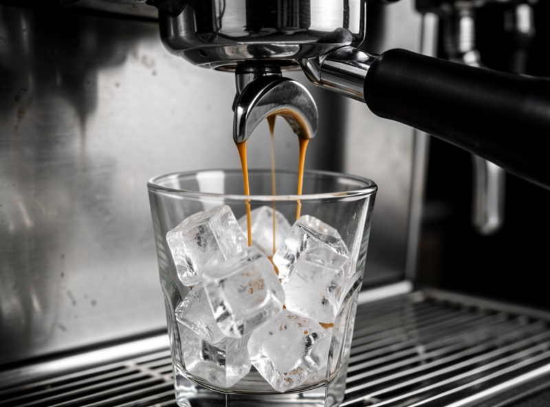 Espresso shot being pulled directly over a glass of ice to make iced espresso at home