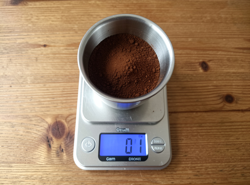 Coarse coffee grounds being weighed on a 0.1 gram scale for a cold brew batch