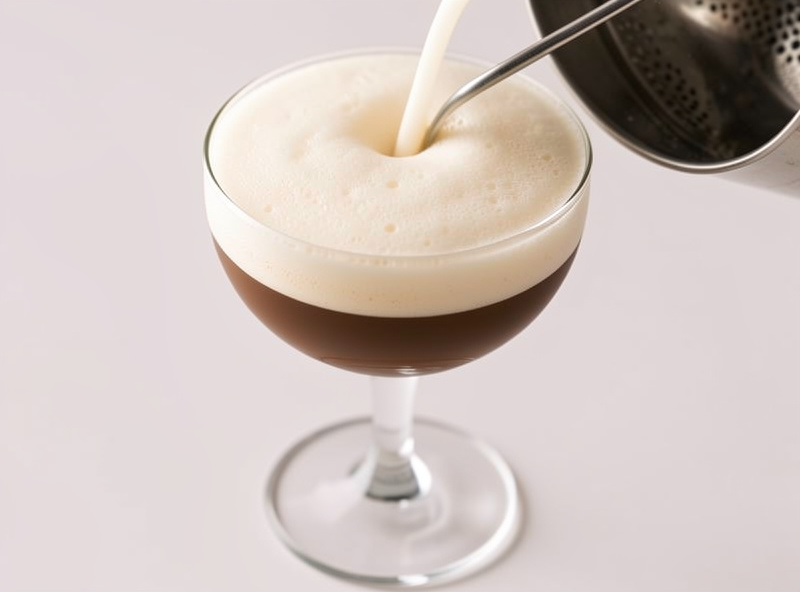 Strained espresso shakerato poured into a chilled coupe glass with a thick foam head