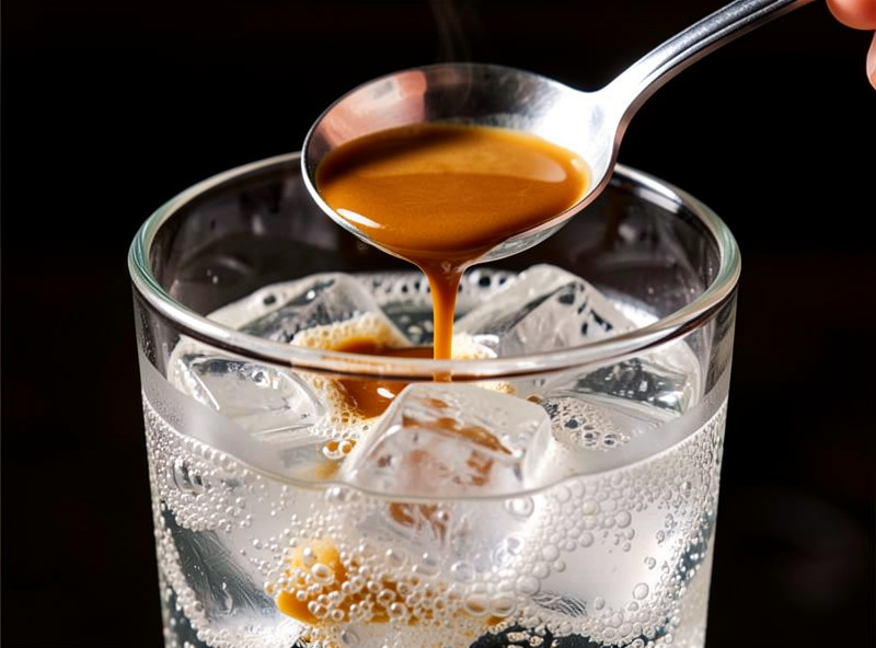Espresso being poured over the back of a spoon onto tonic water and ice in a tall glass
