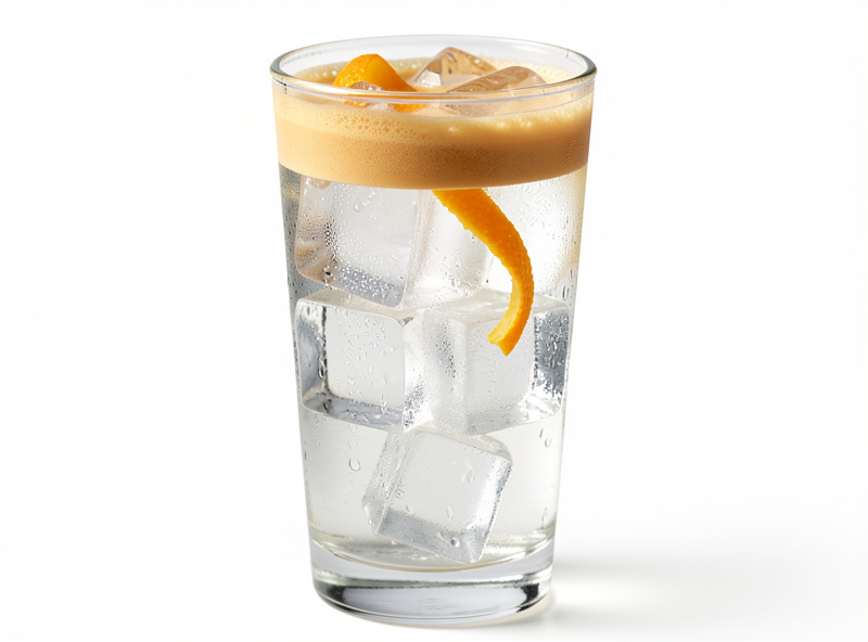 Finished espresso tonic with layered crema floating on tonic water and large ice cubes