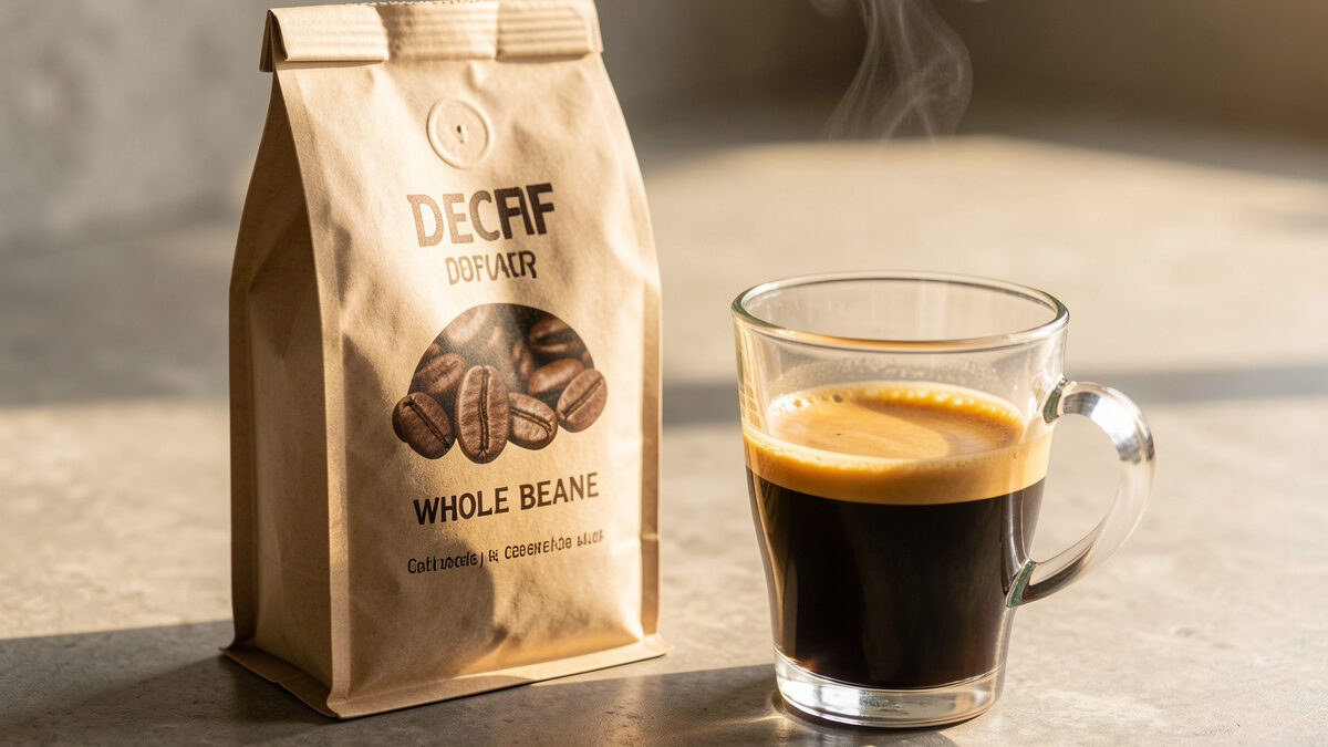 Whole bean decaf coffee beside a freshly pulled decaf espresso shot