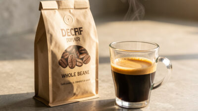 Whole bean decaf coffee beside a freshly pulled decaf espresso shot