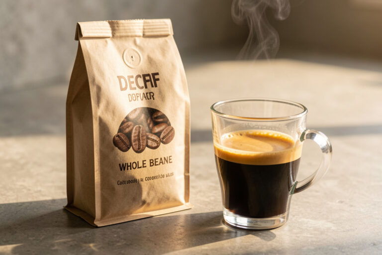 Whole bean decaf coffee beside a freshly pulled decaf espresso shot