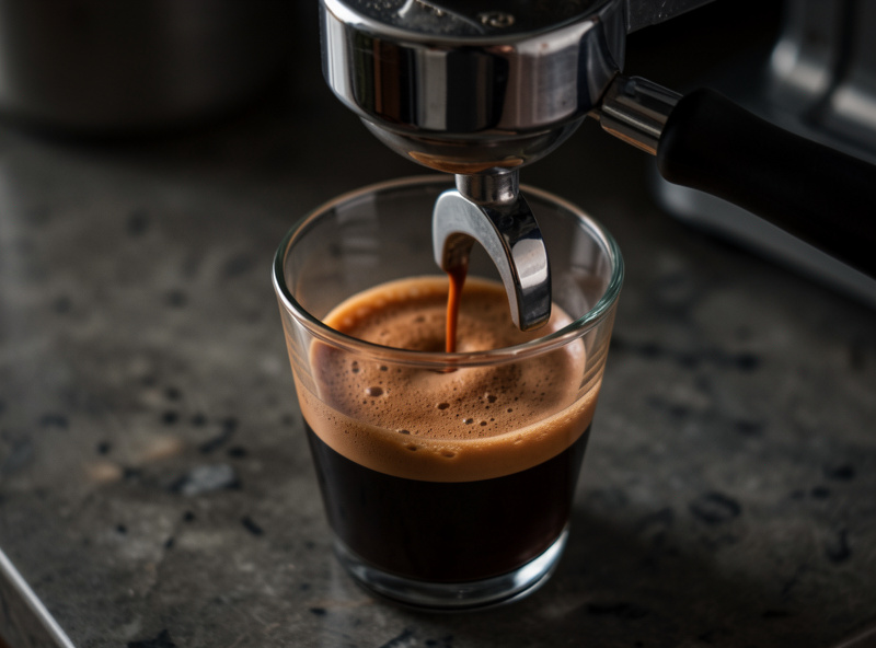 A bottomless portafilter pulling a rich decaf espresso shot with even crema