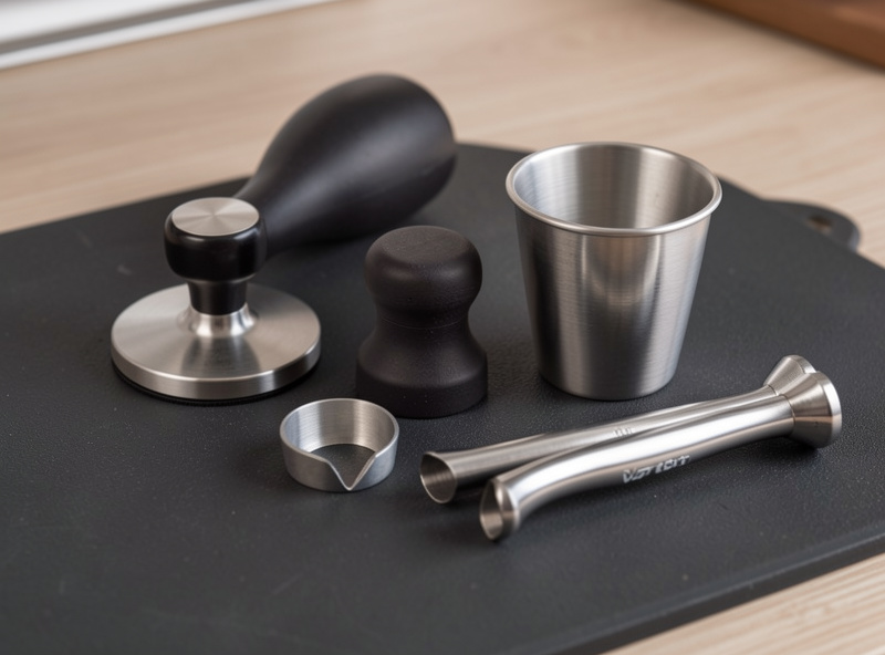 Espresso accessories laid out on a counter mat: knock box, tamper, dosing cup, WDT tool and brushes