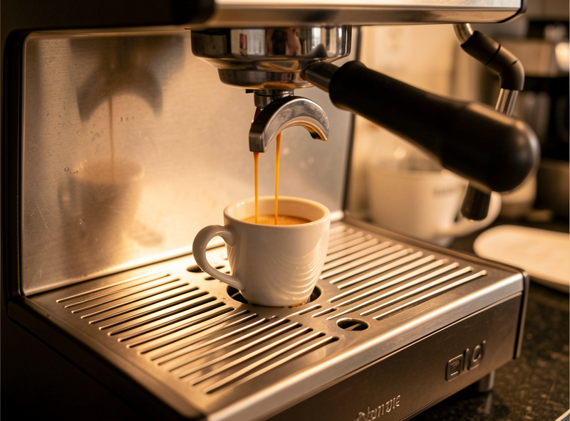 A 0.1 gram bench scale holding a cup under the portafilter on the drip tray during a shot