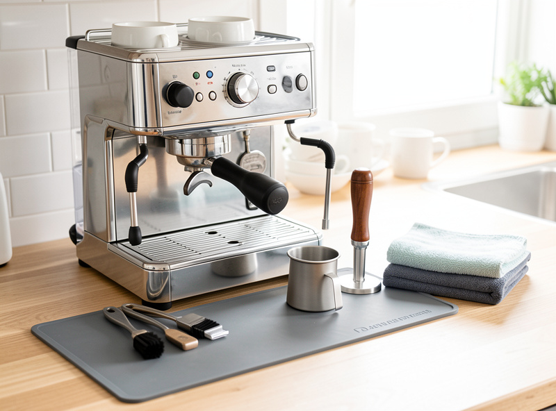 An organized home espresso station with mat, tamper, dosing cup and brushes arranged beside the machine