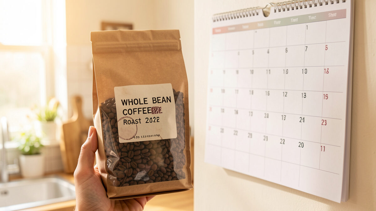 Coffee bag with a stamped roast date held beside a calendar