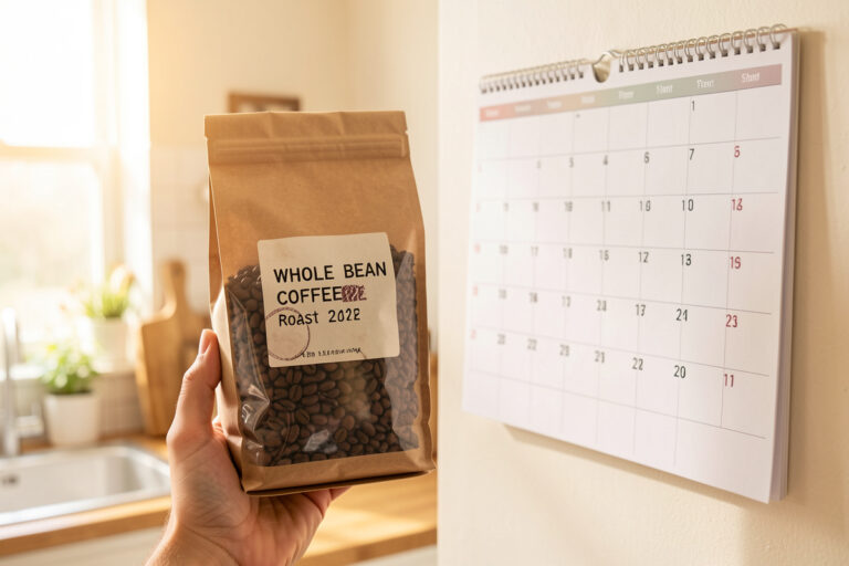Coffee bag with a stamped roast date held beside a calendar