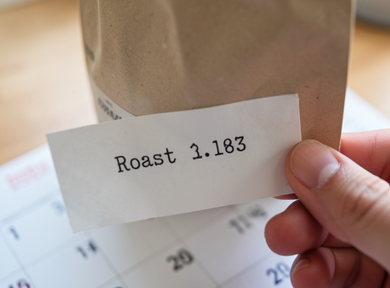 A coffee bag with a clearly stamped roast date held up next to a calendar