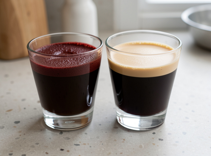 Two espresso shots side by side, one with thick dark crema and one with thin pale crema