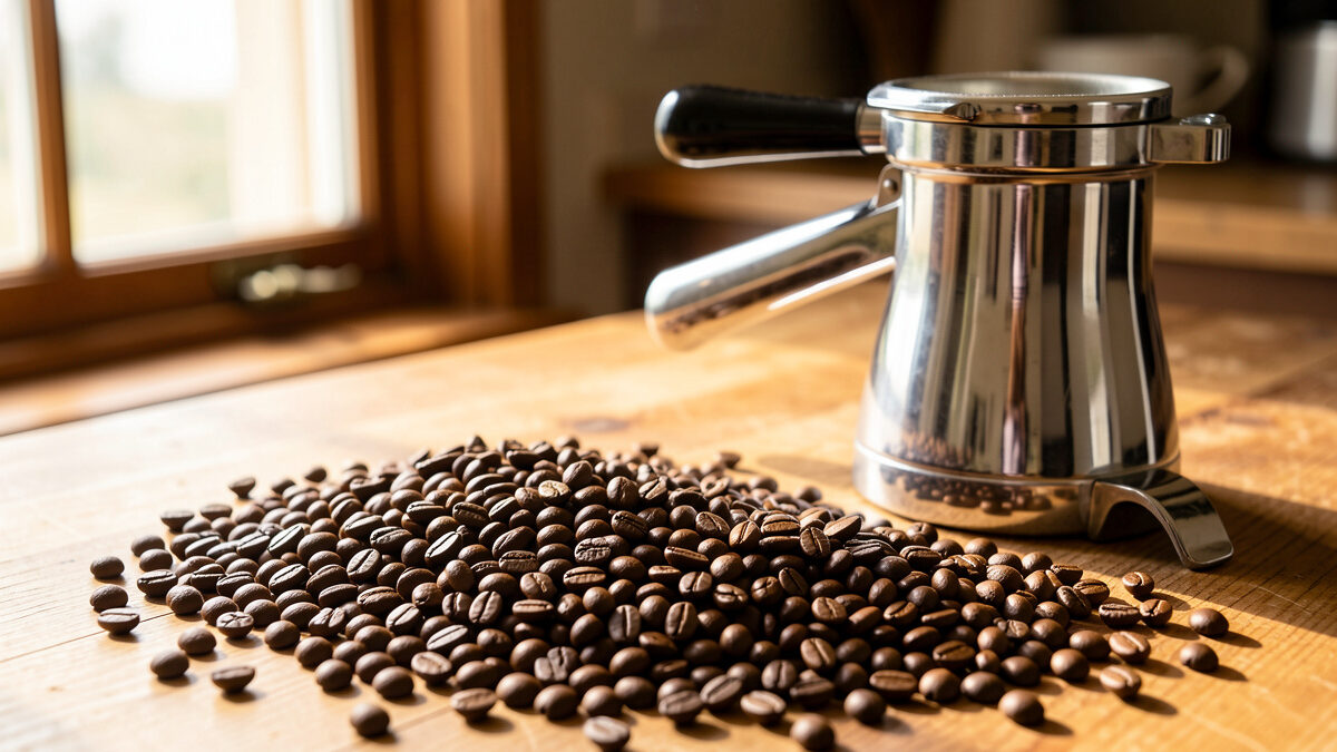 Array of espresso beans of varying roast levels on a counter beside a bottomless portafilter