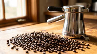 Array of espresso beans of varying roast levels on a counter beside a bottomless portafilter
