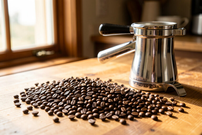 Array of espresso beans of varying roast levels on a counter beside a bottomless portafilter