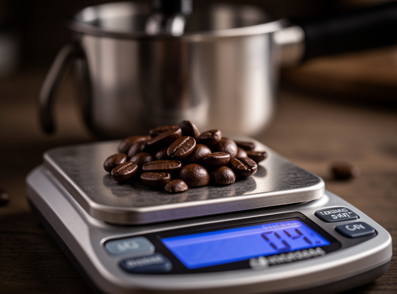 Whole espresso beans on a 0.1 gram bench scale beside a bottomless portafilter