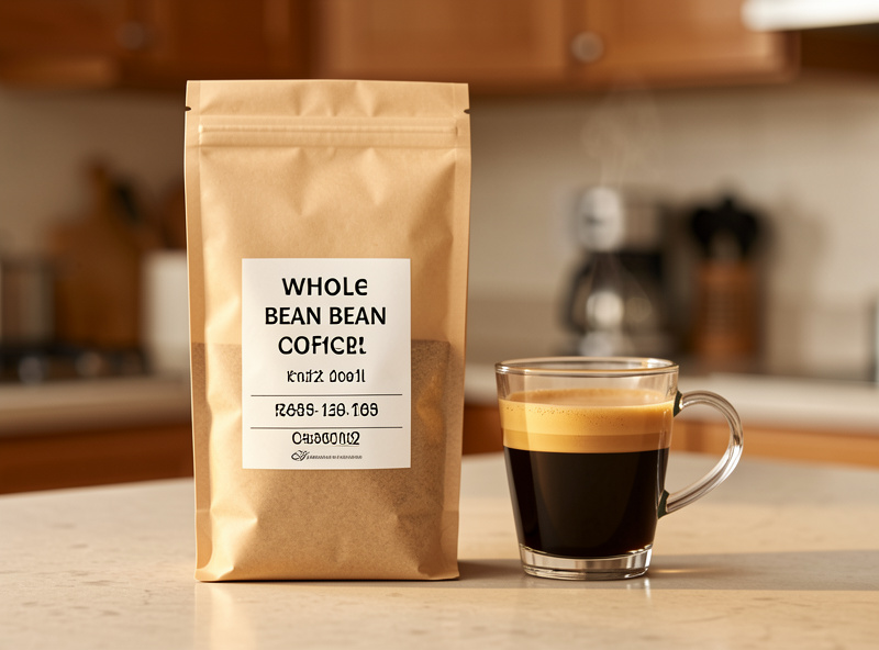 A bag of whole bean coffee with a clearly printed roast date next to a brewed espresso shot