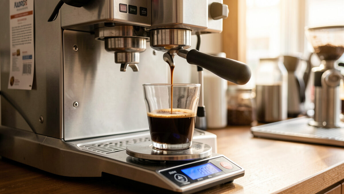 Espresso extracting from a bottomless portafilter into a glass on a precision scale