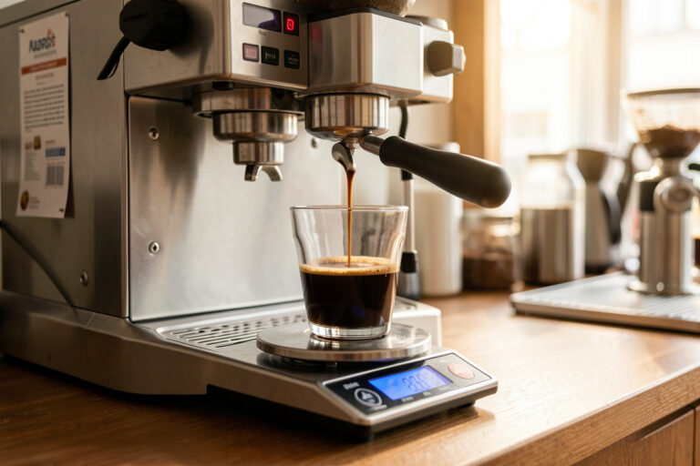Espresso extracting from a bottomless portafilter into a glass on a precision scale