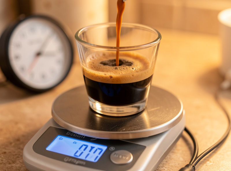 Espresso extracting into a glass on a 0.1-gram bench scale with a shot timer running