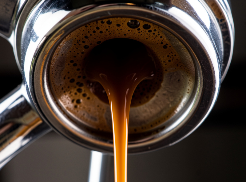 Bottomless portafilter pulling an even espresso stream that converges to a single rope