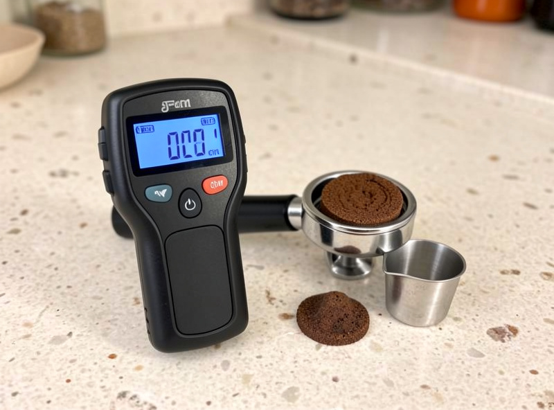Refractometer displaying a TDS reading beside a used espresso puck and dosing cup