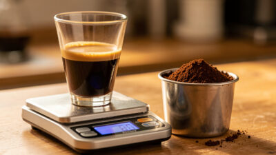 Espresso shot on a scale beside ground coffee for an extraction yield calculation