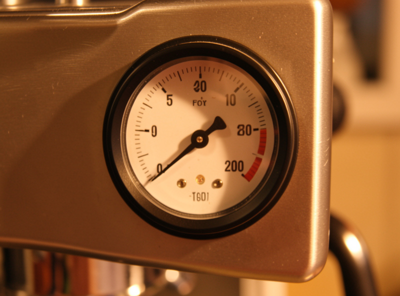A front-panel pressure gauge on an espresso machine reading during a shot