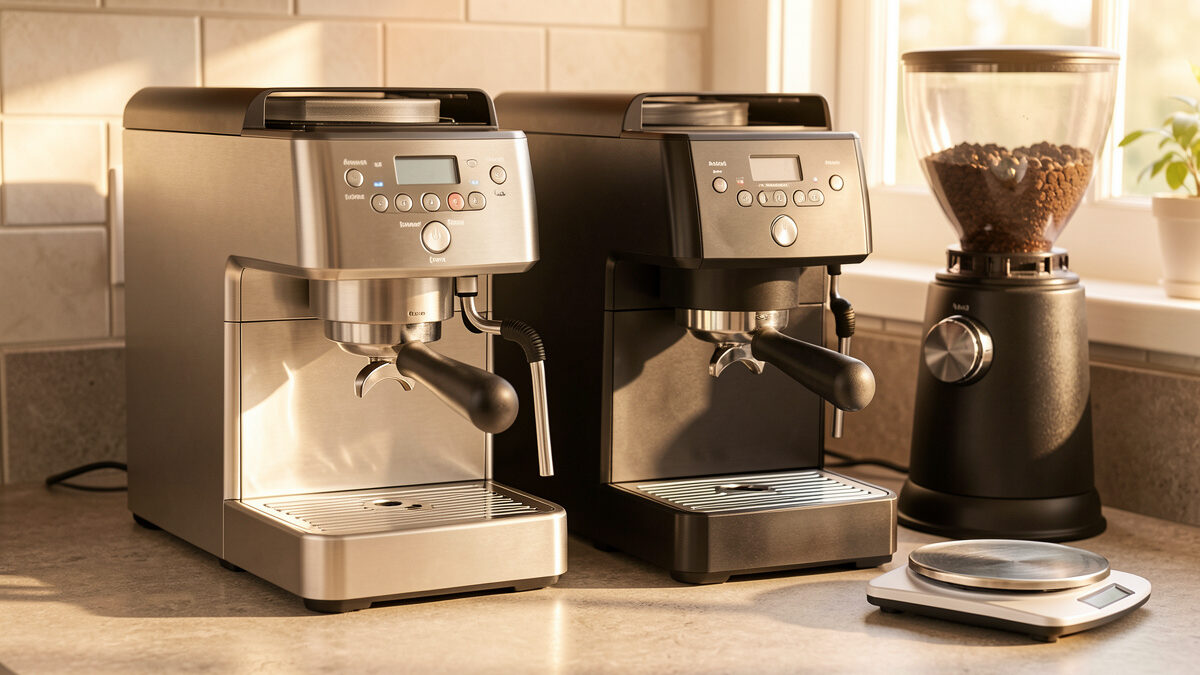 Two sub-500 dollar espresso machines and a grinder on a counter