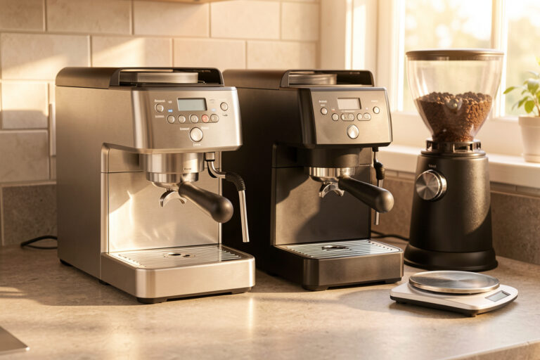 Two sub-500 dollar espresso machines and a grinder on a counter