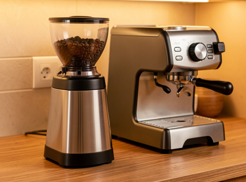 A budget burr grinder beside a sub-$500 espresso machine showing the grinder-first budget split