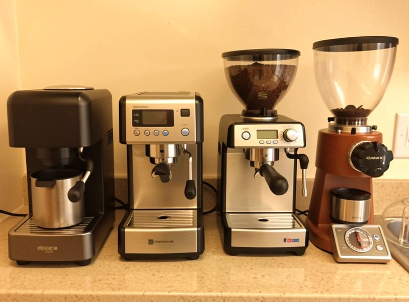 Two sub-$500 home espresso machines side by side on a counter with a burr grinder and a scale