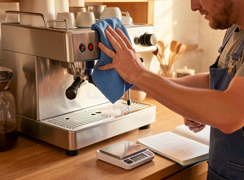 Home barista wiping down a stainless espresso machine beside a bench scale and shot-log notebook