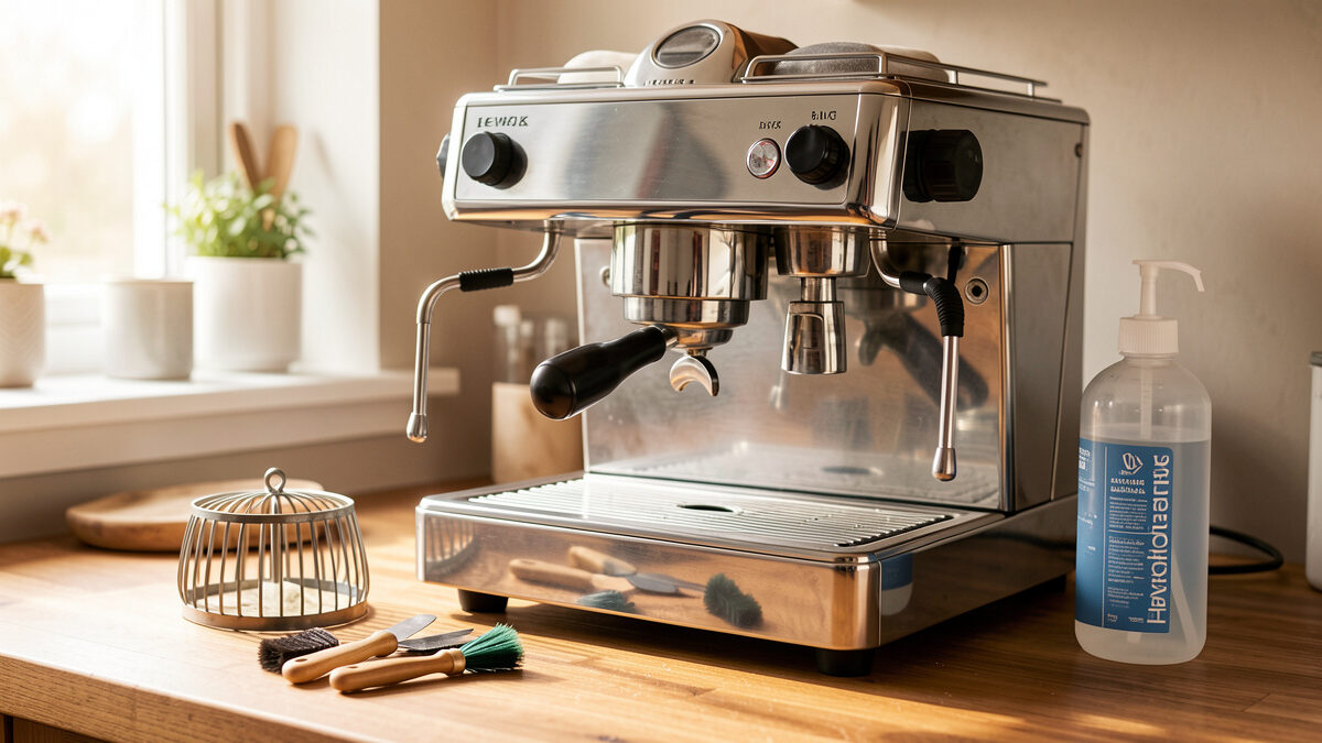 Home espresso bench mid-maintenance with the group head open and cleaning tools laid out