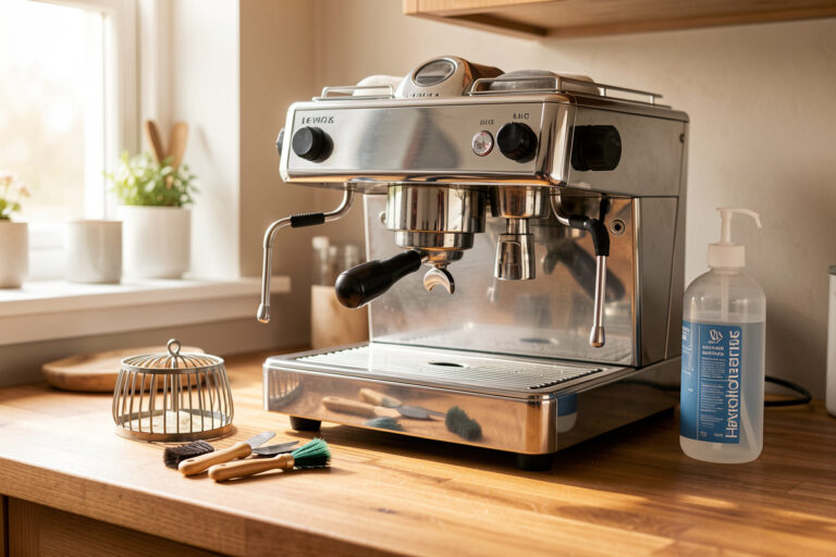 Home espresso bench mid-maintenance with the group head open and cleaning tools laid out
