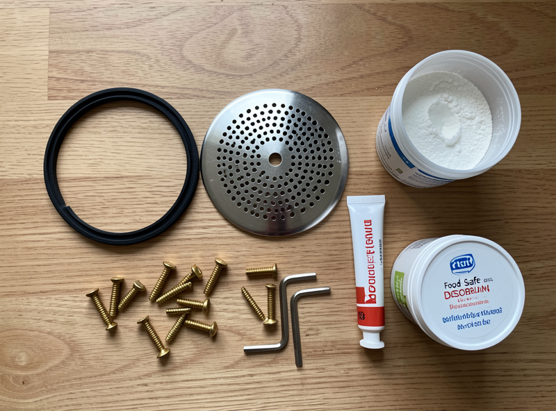 Flat-lay of espresso machine maintenance parts: group gasket, shower screen, screws, hex keys, lubricant and descaling powder