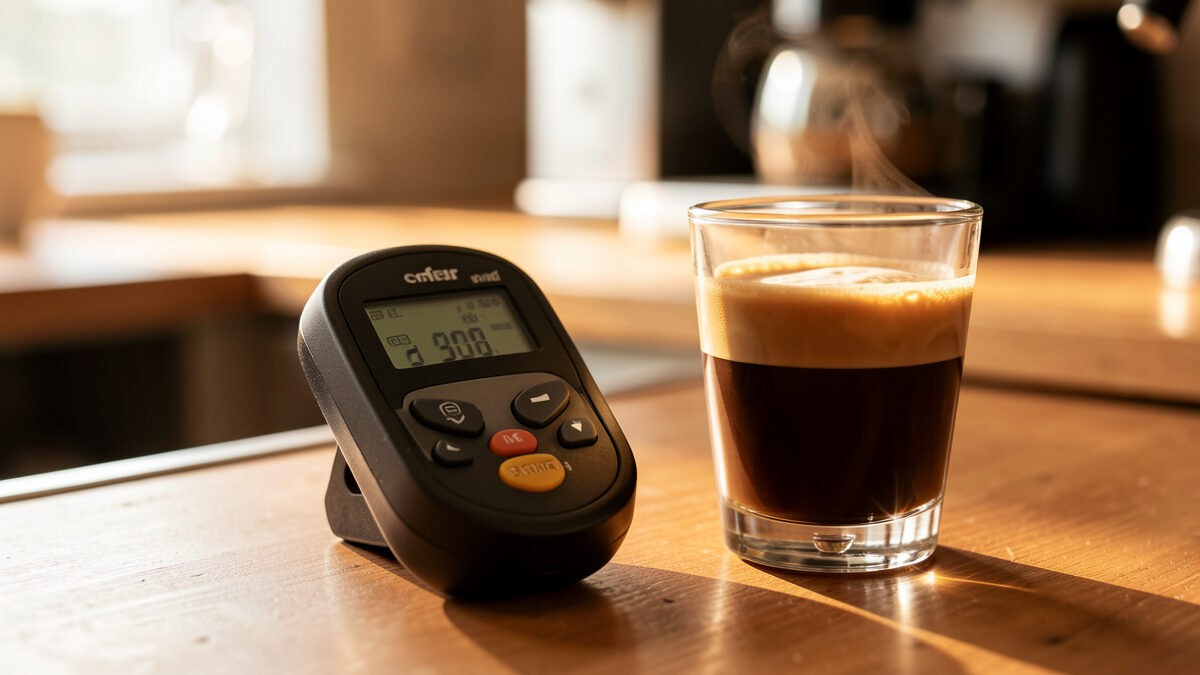 Coffee refractometer beside a freshly pulled espresso shot for a TDS reading