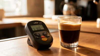 Coffee refractometer beside a freshly pulled espresso shot for a TDS reading