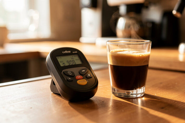 Coffee refractometer beside a freshly pulled espresso shot for a TDS reading
